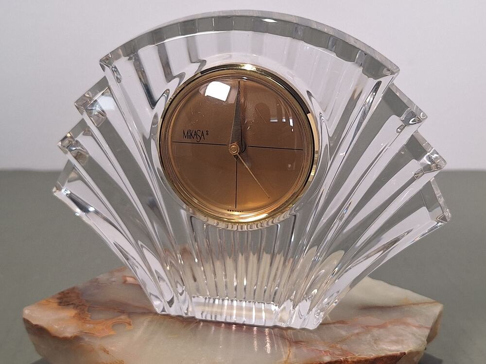Mikasa Deco Crystal Clock Germany 7" Art Glass Fan Quartz Desk Clock- Excellent!